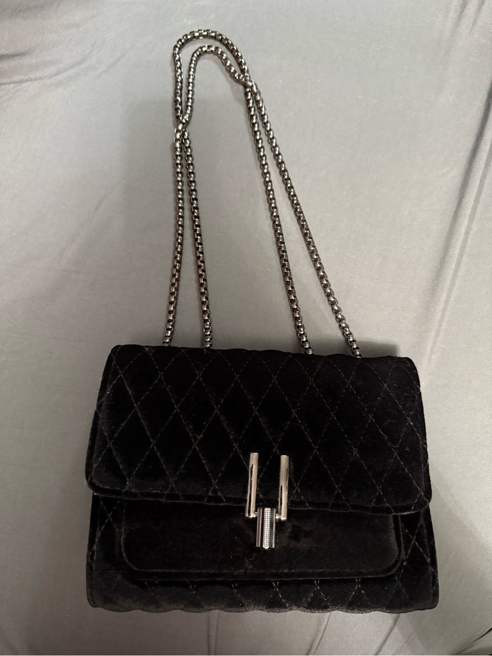 Black Quilted Velvet Chain Shoulder Bag